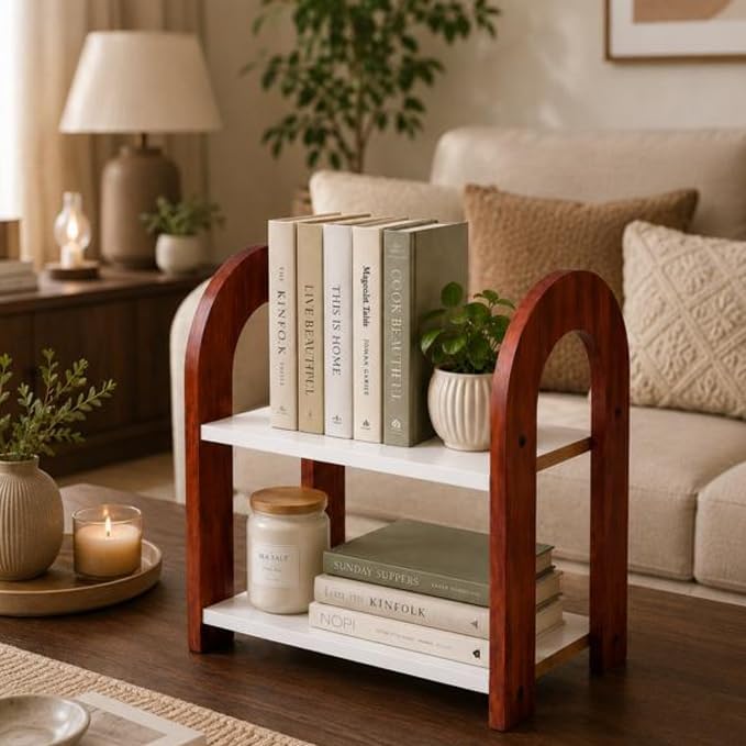 2-Tier Wooden Bookshelf Organizer for Desk, Tabletop Book Rack with Storage Shelves, Desktop Bookcase for Books, Study Room, Home & Office Organizer, Rustic Red-White (12 x 10 Inch)-image-49
