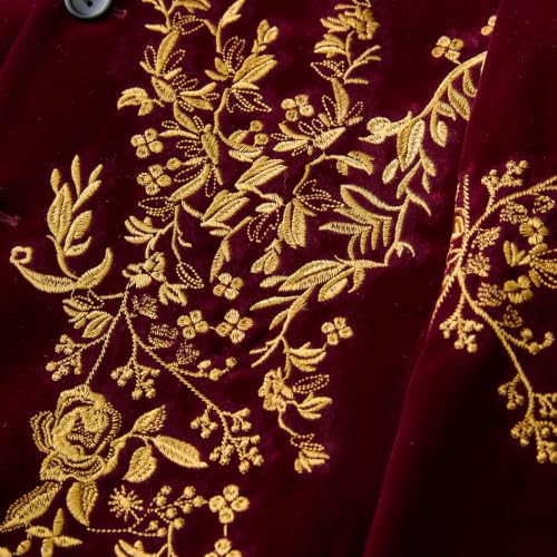 DAMANGUAN Men's Black Velvet Blazer with Gold Floral Embroidery, Slim Fit Suit Jacket for Wedding, Party, Banquet, Prom (US, Alpha, Large, Regular, Regular, Red Yellow) - image 4