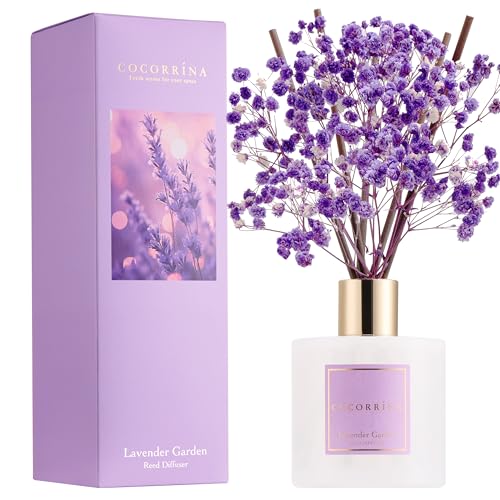 Image of COCORRINA Reed Diffuser - Lavender Garden 6.7 Fl.oz Reed Diffuser Set with Sticks & Preserved Baby's Breath, Reed Diffuser for Home Bathroom Shelf Decor