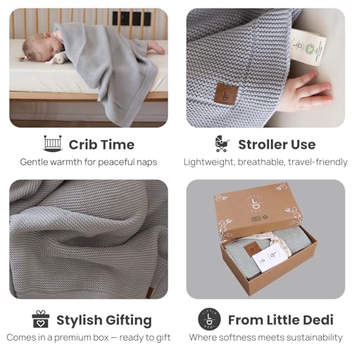 Image of Organic Cotton Baby Blanket 30x40 in, Harbor Mist - GOTS Certified, Soft Knit Swaddle with Gift Box, Breathable Nursery Blanket for Crib & Stroller, Machine Washable