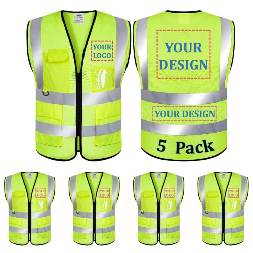 BeautyWill 5 Pack Customized Safety Vest Custom Logo High Visibility Reflective Vest Class 2 Mesh vest with Pockets and Zipper ?Yellow?XXL?