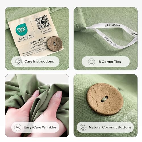 Image of JELLYMONI 100% Washed Cotton Duvet Cover King - Soft, Breathable Linen-Look Bedding with Natural Wrinkle Texture, Button Closure, 3-Piece Set (Mint Green, 104 inchx90 inch)