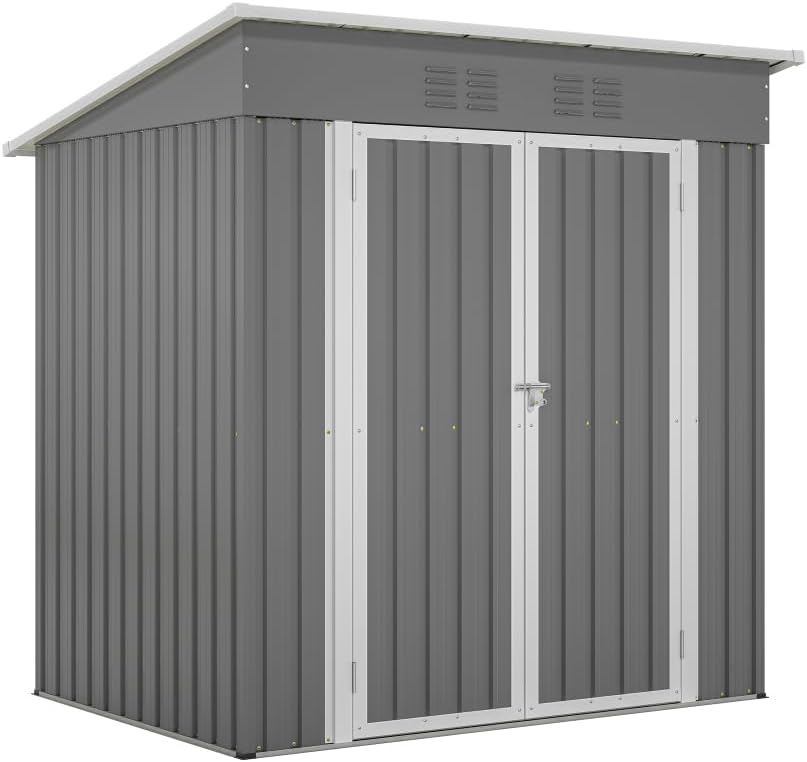 6x4 Foot Outdoor Metal Storage Shed with Lockable Door and Floor Frame for Garden Tools, Backyard Organization, and Pet Shelter