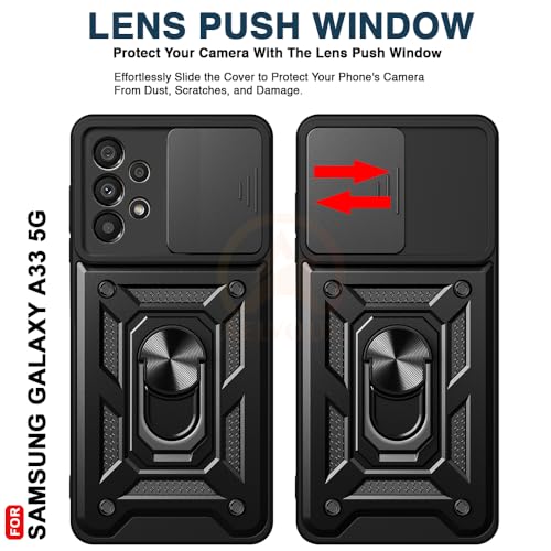 Image of Armor Bumper Back Cover Case for Samsung A33 5G Rotating Camera Cover, Ring Holder & Kickstand | Heavy Duty & 360 Degree Protection Samsung A33 5G Back Cover (Black)