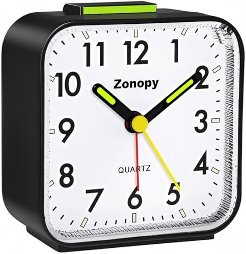 Zonopy Leiser analoger Wecker mit Nachtlicht, batteriebetrieben, lauter Alarm, Schlummerfunktion, heller Bildschirm, tragbares Design, Reiseuhr, Schulanfang