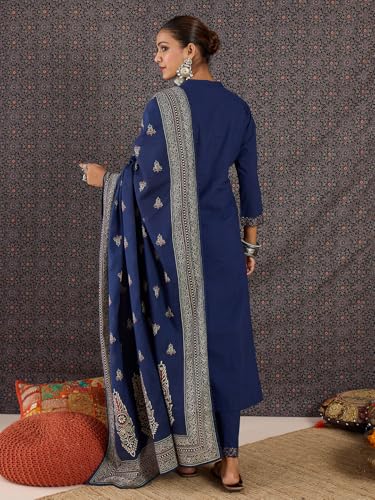 Image of INDO ERA Women's Pure Cotton Ethnic Motifs Printed Straight Kurta & Pant with Dupatta Set (IESTR11821)
