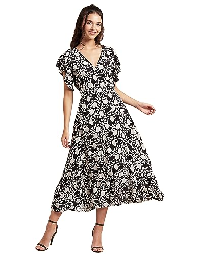 Image of Moomaya Women's Printed Dress, V-Neck, Short Sleeves, Ruffled Midi Summer Dress