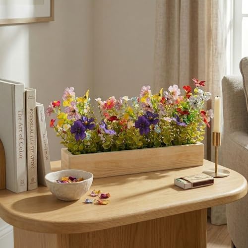 Image of Dekorly Artificial Multi Color Daisy Flower Arrangement with Wooden Planter (24 CM) | Premium Realistic Floral Decor for Table & Living Room | Stylish Indoor Decor for Living Room