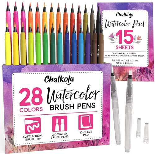 Chalkola Watercolor Brush Pens for Lettering, Coloring, Calligraphy - Set of 28 Watercolor Pens, 15 Painting Pad & 2 Water Color Markers - Drawing Art Supplies for Kids, Adults, Professional Artist