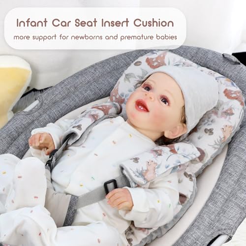 Image of Infant Car Seat Insert Cushion, Super Soft Baby Car Seat Head Support & 2 Straps Pads, Reversible Preemie Newborn Carseat Insert, Fit Car Seat, Stroller, Infant Bouncer, Gray Animals