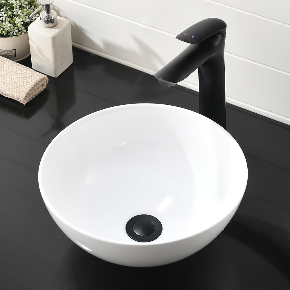 Round Bathroom Sink- VASOYO 13x13 Inch Small Vessel Sink Above Counter Bathroom Vanity Sinks White Porcelain Ceramic Small Sinks Art Basin