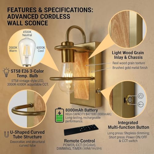Image of Gold Wall Sconces Battery Operated Set Of 2, Rechargeable Wall Lights
