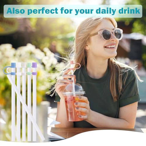 Image of LUCKINEE 6pcs Replacement Straws for Stanley Quencher H2.0 30oz 40oz | 12.2 Inch Long Reusable Plastic Straws, with 6Pcs Straw Covers Toppers, 2Pcs Cleaning Brushes, BPA Free and Cuttable Straws