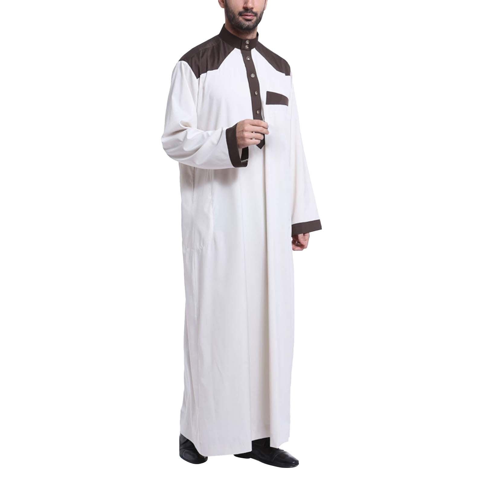 Męski muzułmański Thobe Jubba Kaftan, islamski szlafrok z długim rękawem z kontrastowym kołnierzem i kieszenią, tradycyjna arabska odzież modlitewna na meczet Eid Ramadan