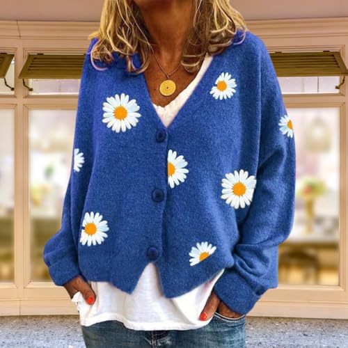 Womens Long Sleeve Floral Daisy Flower Cardigan Sweaters Oversized Aesthetic Button Down Open Front Knit Sweater3
