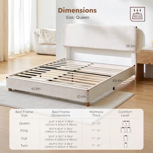 Image of Queen Cloud Bed Frame, Wood Boucle Upholstered Platform Bed, Cream White