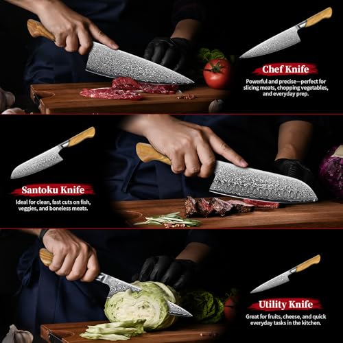 Image of TIVOLI Damascus Kitchen Knife Set, 3 PCS Japanese Chef Knife Set | Japanese VG10 steel, Honbazuke Sharpening Method, Ergonomic Olive Wood Handle, Gift Box, for Meat, Vegetables & Daily Cooking