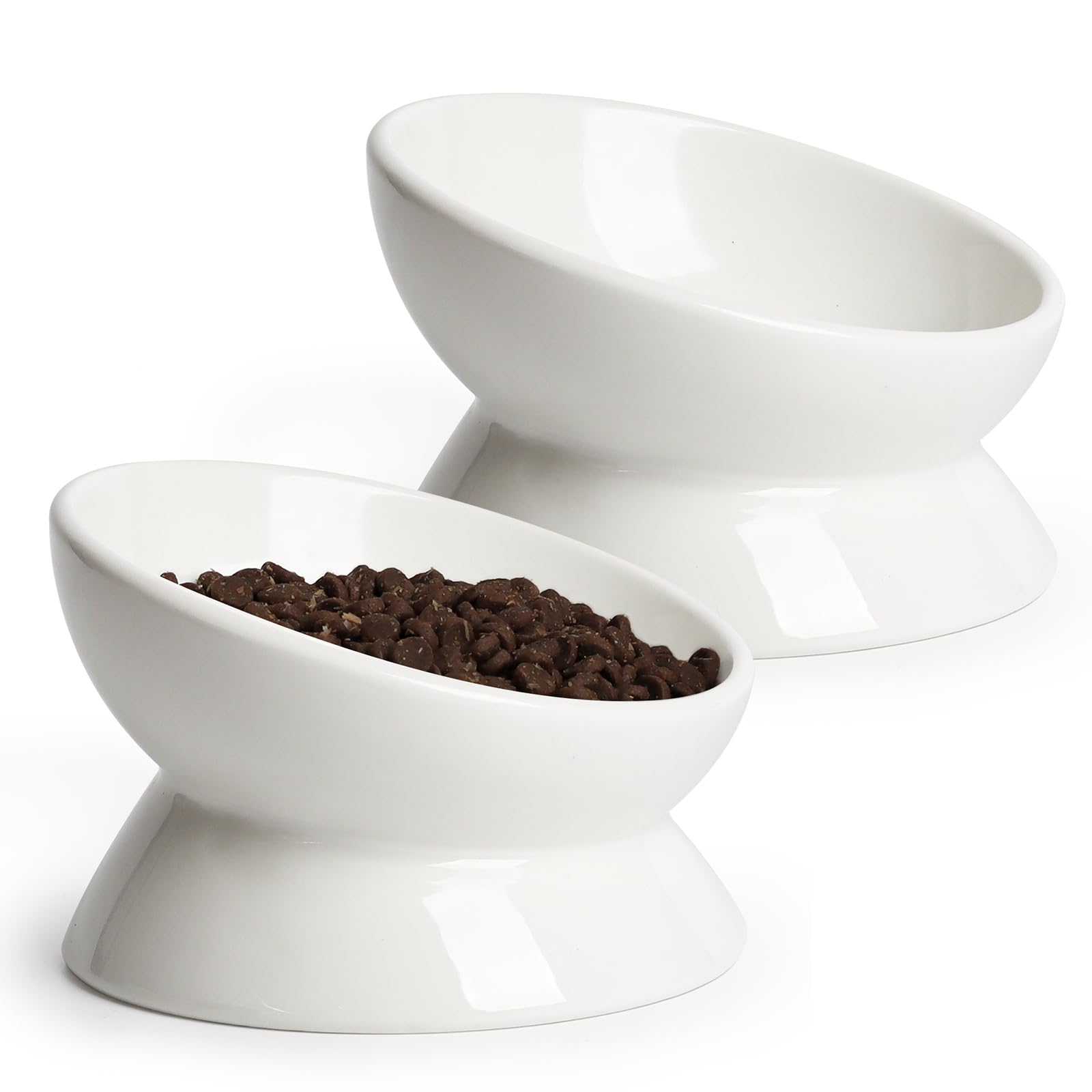YauYik Cat Bowls Elevated, Raised Cat Food Bowls for Indoor Cats, Puppy, Ceramic Tilted Kitty Dish, 6 Inch Whisker Friendly Anti Vomit Pet Feeding Station, Dishwasher Safe (White, 2 Pack)