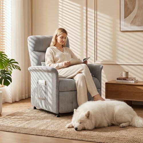 Image of Power Recliner Chair for Adults with Heat & Massage - Soft Fabric Electric Reclining Sofa with Remote Control, 3 Side Pockets, 180 Lay Sleeper for Home Theater Living Room, Light Grey