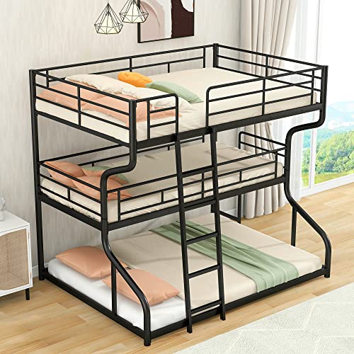 Triple Bunk Beds Full XL Over Twin XL Over Queen Size, Metal Bunk Bed Frame 3 Bed Bunk Beds for Kids Teens Boys Girls with 2 Ladder/Full-Length Guardrails (Black)
