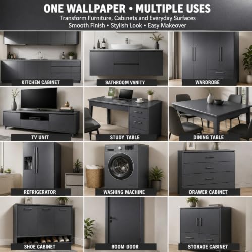 Image of WISDOM Charcoal Black Self Adhesive Wallpaper for Furniture & Cabinets Matte Finish Peel and Stick Vinyl Wall Sticker Waterproof, Oil Resistant & Easy to Clean (20x96 in)
