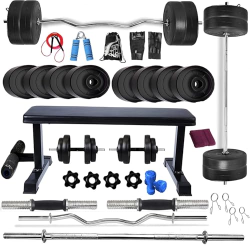 BODYFIT Home Gym Set Combo Kit, Equipment, (20Kg-100Kg) Weight Plates, 3Ft Curl, 5Ft Plain Rod, Flat with Leg Bench,2 x Dumbbell Rods,Fitness Exercise Set. (46 Kg Set)