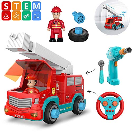 WISHTIME Vehicle Construction Take Apart Toys - Build Your Own Remote Control Car Toy Fire Truck, STEM Fire Engine Set with Electric Drill & Lights & Sounds, Educational Toy Great Gift for Boys Girls