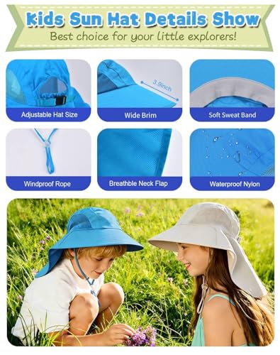 Image of Rosoz Kids Sun Hat with Neck Flap UV Protection Summer Toddler Beach Hat Unisex Ponytail Hat Wide Brim Fishing Hat