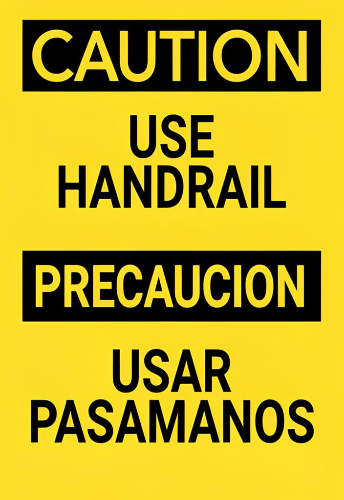 peiyeety CAUTION Use Handrail Tin Sign 12x8 Inch, Yellow & Black Bilingual Safety Wall Decor (English/Spanish), Metal Warning Plaque for Stairs, Workplace, Garage, Home Entryway