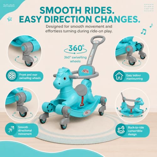 Image of 3 in 1 Baby Horse Rider for Kids 1-5 Years with Parent Handle, Rocking Horse, Ride On Toy, 360 Safety Guard, Music, Swivel Wheels, Backrest, Baby Ride On for Boys & Girls (Cyan)