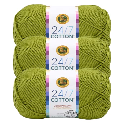 Image of Lion Brand Yarn, 24 /7 Cotton Yarn, Granny Smith, Green, 3 Pack | Light Worsted 100% Mercerized Cotton Yarn for Crochet, Knitting, Craft, 185 Yards of Natural Fiber for Tees, Bags, Dishcloths