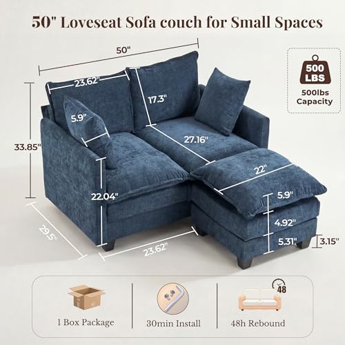Image of Loveseat Sofa with Ottoman, Cloud 3-Layer Cushion, 27 inch Deep Seat Love Seat Small Couch with 2 Pillows for Small Spaces, Bedroom, Apartment, Office, Living Room, in a Box, 50-Inch Blue