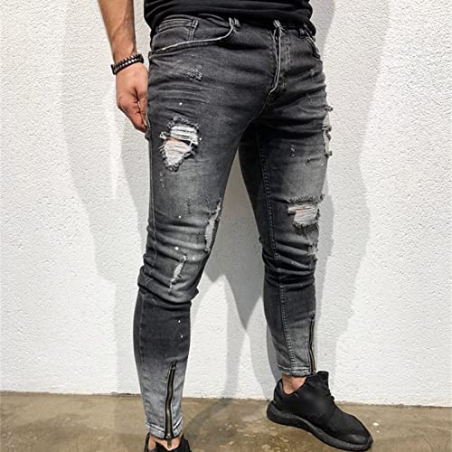 JEsilunmaMY Men's Washed Ripped Pencil Jeans Mid Waist Stretch Skinny Ankle Zipper Denim Pants Distressed Destroyed Trousers2