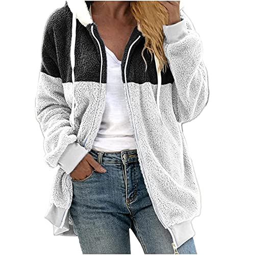 Fuzzy Fleece Jacket Women Oversized Zip up Colorblock Sherpa Hood Cardigans Coats Shaggy Fashion Winter Warm Outrwear