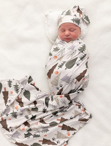 Image of Newborn Swaddle Set, Grey and Green Tree, Beanie | 31.4 x 31.4 in, for 0-3 months, swaddle and receiving blanket, beanie, name card, Grey and Green Tree