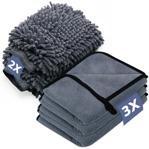 EOPUOZS Kit Limpieza Coche, con 3 Paños de Microfibra y 2 Guantes de Microfibra, 600 gsm Paño de Secado Extra Absorbente, para el Cuidado del Coche de Moto, 40 x 30 cm