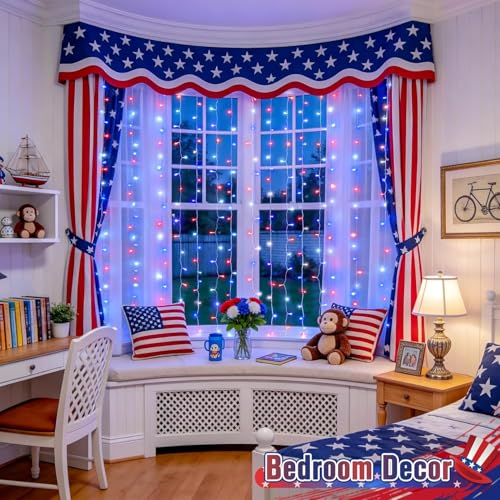 Image of JMEXSUSS 300LED Red White & Blue Curtain Lights for 4th of July, 9.8x9.8ft | Plug in, with Remote, Patriots Hanging String Lights for Bedroom, Wall, Window, Backdrop, Patio, Porch, Indoor, Outdoor Decor
