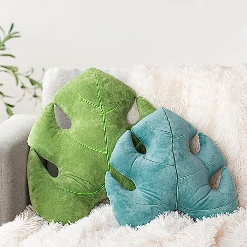 Image of AELS Set of 2 3D Leaves Decorative Throw Pillows, 18"& 14" Monstera Deliciosa Plush Pillow Set for Plant Lovers Garden Lovers, Living Room Bedroom Nursery Decor, Bluish Green & Light Green