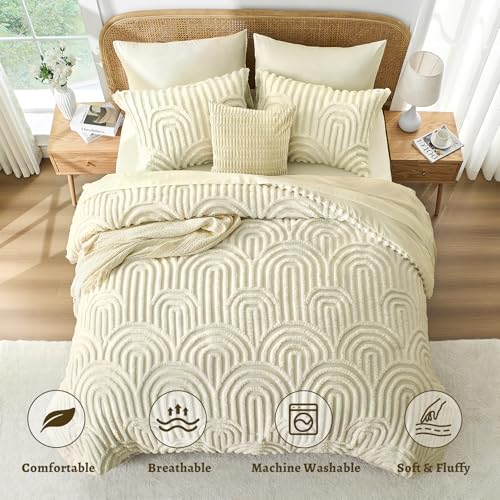 Image of Nesker Boho Queen Comforter Set, 7 Pcs Tufted Beige Bedding Sets, Soft Cozy Chic Bed in a Bag, Arch Pattern Shabby Bed Set All Season with Comforter, Fitted Sheet, Flat Sheet & Pillowcases
