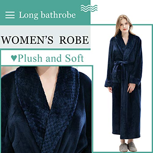 Women Robes Long Soft Plush Warm Comfy Bathrobe for Ladies Sleepwear (Navy Blue, S/M) - Thumbnail 2