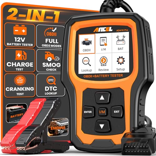 ANCEL AD410 PRO OBD2 Scanner and Battery Tester, 2-in-1 Car Diagnostic Tool, Check Engine Light, EVAP Test, Live Data, 12V Battery Analyzer with Cranking & Charging System Test for Car Motorcycle