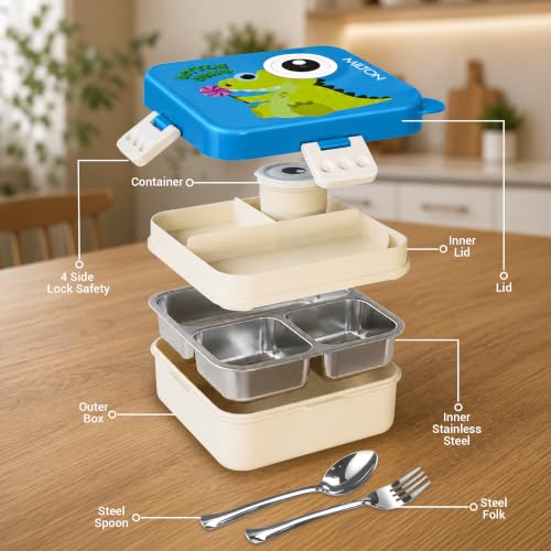 Image of MILTON Dino Pop Bento Stainless Steel Lunch Box, 3 Compartments, 4-Side Lock, with Tray, Spoon, Fork & Container for School, Office, Travel, BPA Free, 1120 ml + 70 ml, Blue