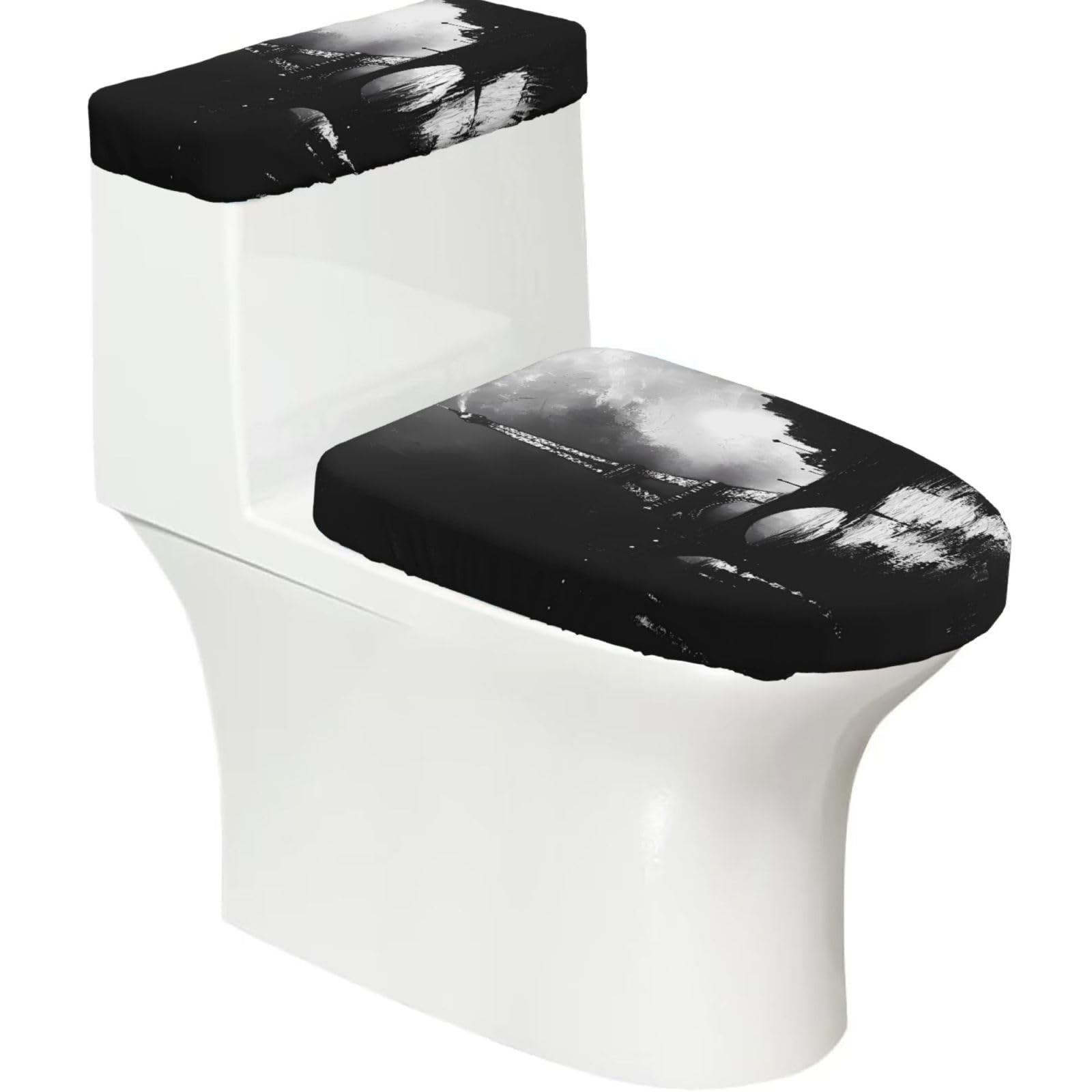 Wzycwb Black Paris 2-Piece Toilet Seat Cover Set With Tank Lid, Elastic Fit For U-Shape & Elongated Toilets, Bathroom Decor, Housewarming Gift