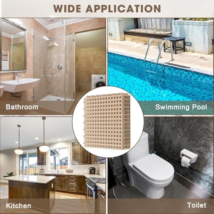 Drydiet 8 Pack Drainage Tiles Modular Interlocking Floor Tiles with 1 Pc Plastic Hammer 12 x 12 Cushion Mat Non Slip Rubber Floor mat with Holes for Pool Bathroom Deck Kitchen Patio (Beige)