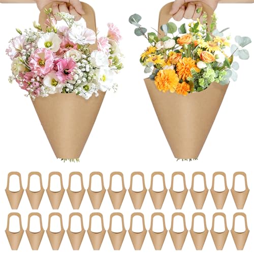 50Pcs Flower Bags for Bouquets Floral Bouquet Holders with Handle Flowers Sleeves for Boquet  Floral Kraft Paper Bags 13.8 x 7.5 - Sturdy Flower Wrapping Bag for Valentines Day Wedding Birthday