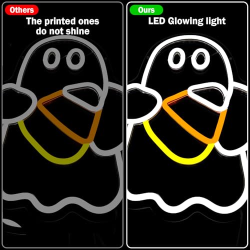 Image of Halloween Neon Sign Dimmable Candy Corn Neon Sign for Wall Decor Ghost Neon Window Light Sign Led Halloween Candy Corn Ghost Decoration for Indoor, Bedroom, Kids Room, Halloween Party, white