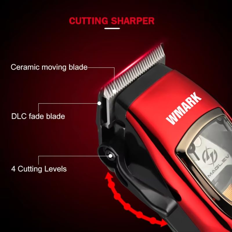 Image of WMARK NG-9010 Professional Zero Gapped Hair Clipper Self Sharpening Blade 10000 RPM Maglev Motor charging stand 4 Guide Comb Taper Lever Adjustments for close cut trimming for men, Model 39