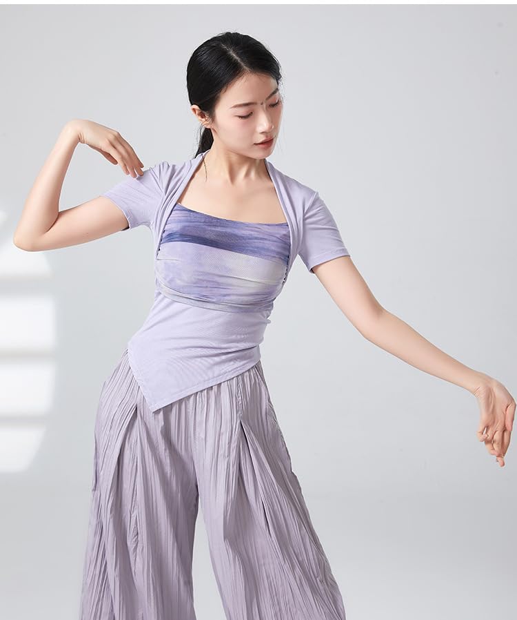 HEARTTOUCH Women Modern Wrap Top Ballet Dance Yoga Shirts Workout T Shirt Slim Fit Gym Tops Sport Pullover Shirts (B Purple,Medium)