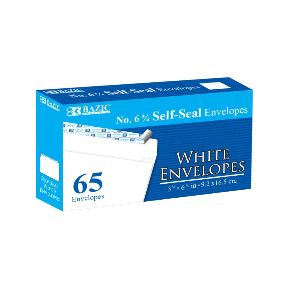 BAZIC Products Self Seal White Envelope 3 5/8" x 6 1/2" #6, No Window Mailing Envelopes, Peel & Seal Mailer for Business Invoice Check (65/Pack), 1-Pack
