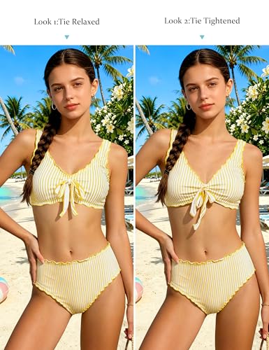 Image of KANGKANG Girls Swimsuit Bikini Set Solid Color V-Neck Two Piece Bathing Suit with Chest Pad Adjustable Straps Swimwear 7-16T